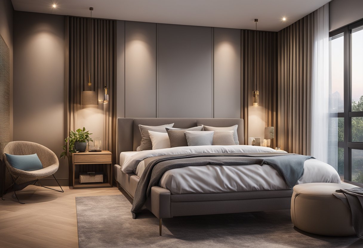 A well-lit bedroom with a combination of ambient, task, and accent lighting. The room features a mix of natural and artificial light sources, creating a warm and inviting atmosphere