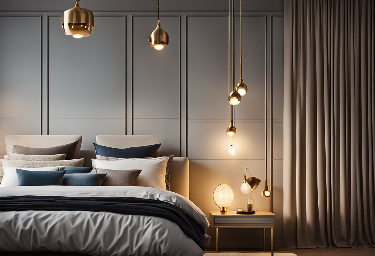 A cozy bedroom with soft, warm lighting from a stylish pendant light and adjustable bedside lamps. The room features a mix of modern and traditional fixtures, creating a welcoming and functional space