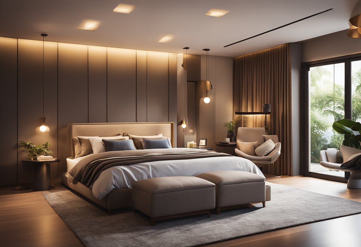 A cozy bedroom with warm, ambient lighting from multiple sources, such as bedside lamps, a pendant light, and recessed ceiling lights