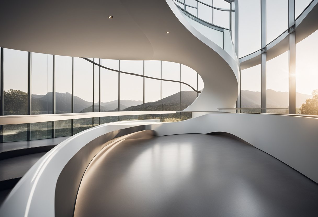 A sleek, modern ramp curves through the interior space, with clean lines and a minimalist design. Light filters in through large windows, casting soft shadows on the smooth surface