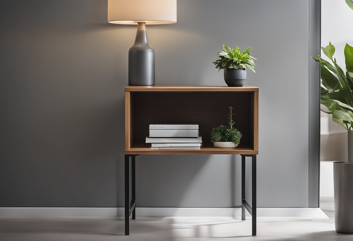 A sleek, modern side table with clean lines and a minimalist design, featuring a combination of wood and metal materials, and a single drawer for storage
