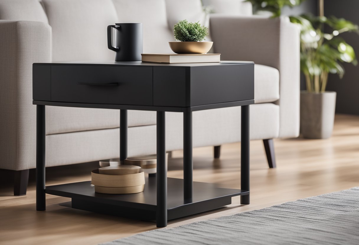 A simple, sturdy side table with clean lines and ample storage space, featuring a sleek, modern design to complement any bedroom decor