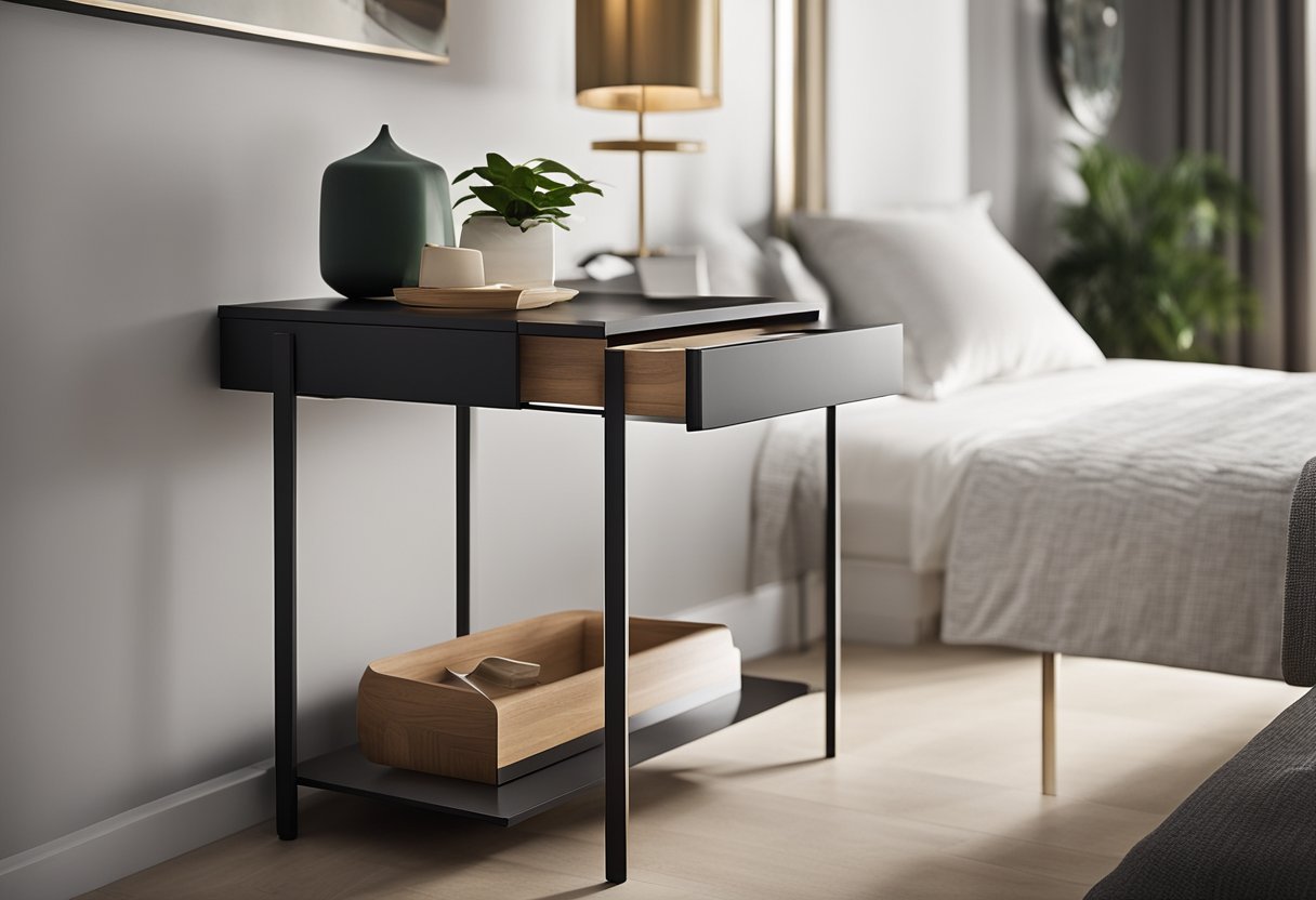 A modern bedroom side table with clean lines and minimalistic design, featuring a sleek surface, a single drawer, and slim metal legs