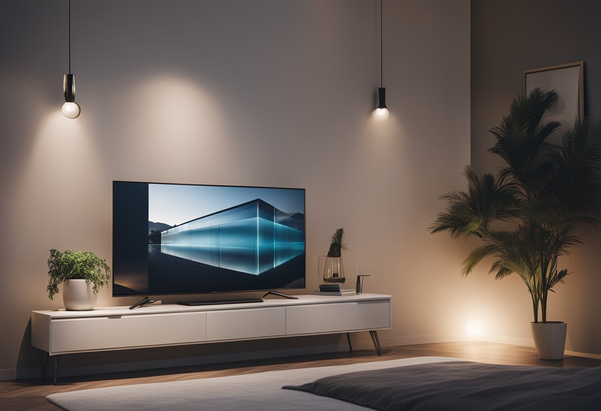 A modern bedroom with a sleek TV mounted on the wall, surrounded by minimalist decor and soft ambient lighting