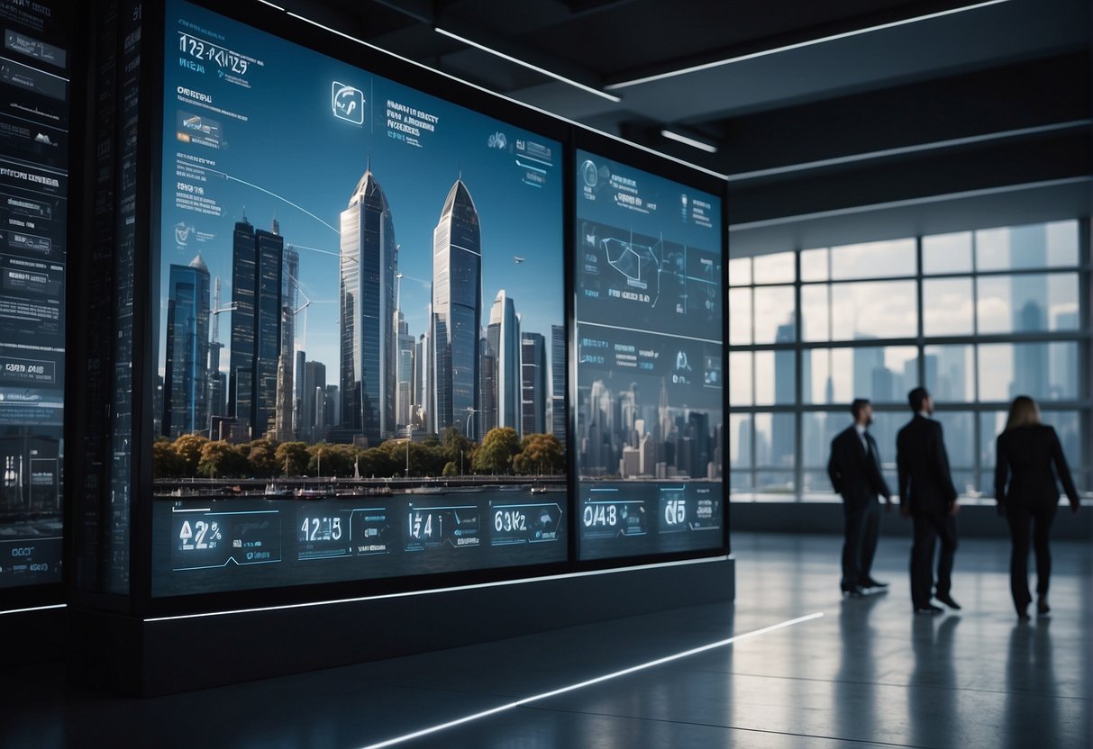 A futuristic cityscape with AI-powered market evaluations displayed on digital billboards