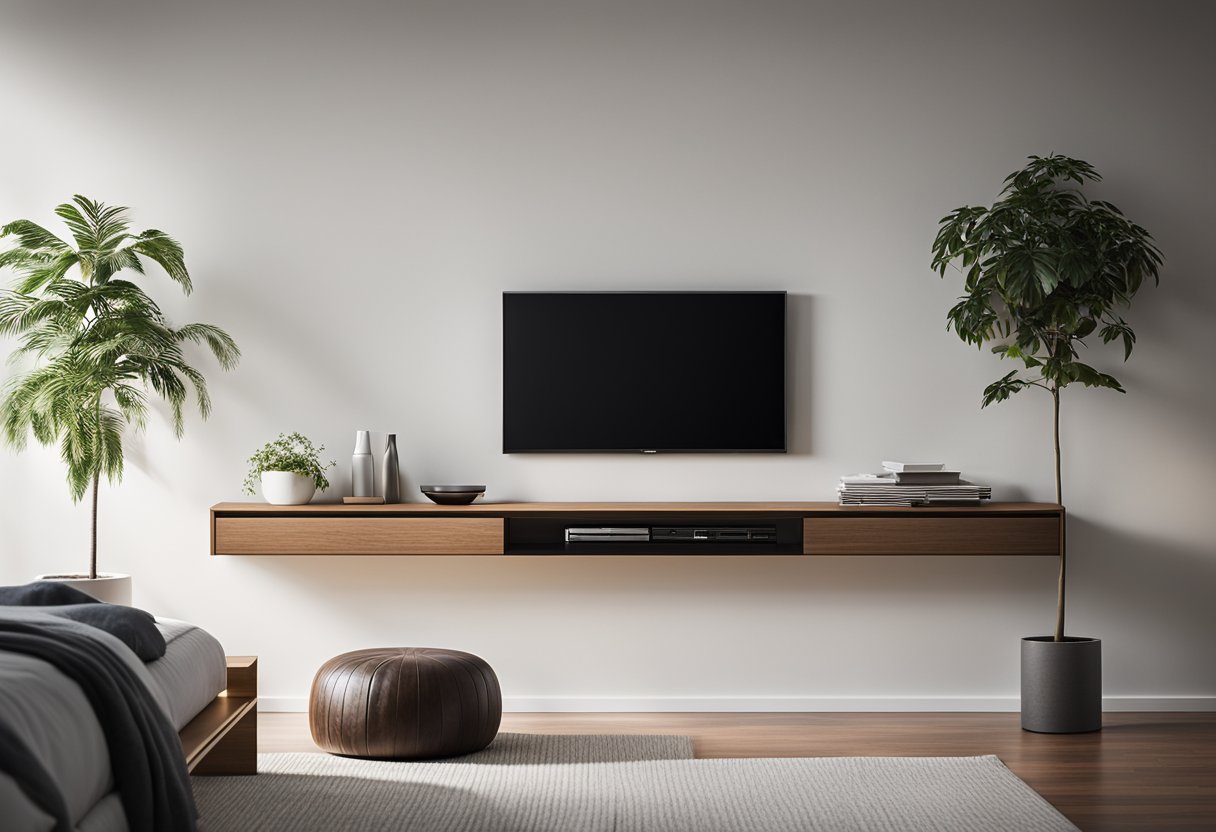 A mounted TV centered on a sleek, floating shelf. Surrounding it, minimalist decor and soft lighting create a cozy, modern bedroom ambiance