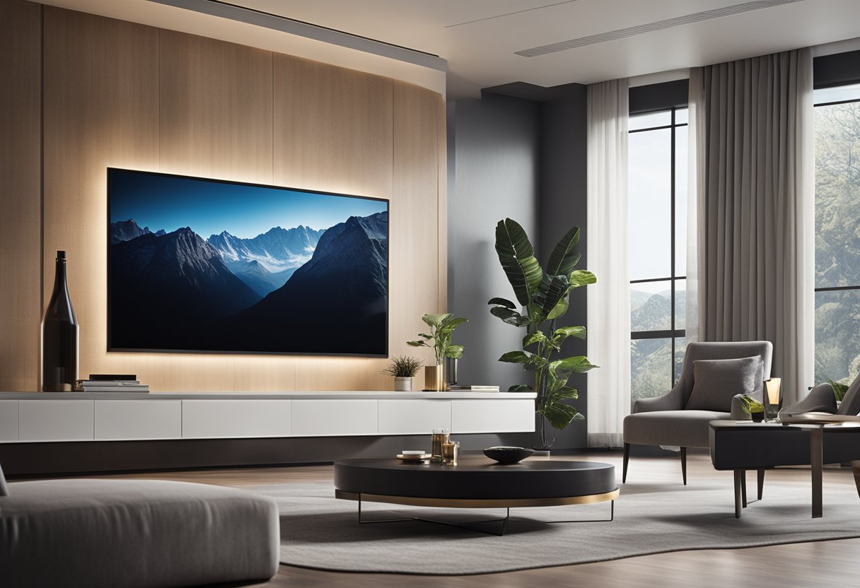 A sleek, modern TV wall with floating shelves, integrated lighting, and framed artwork