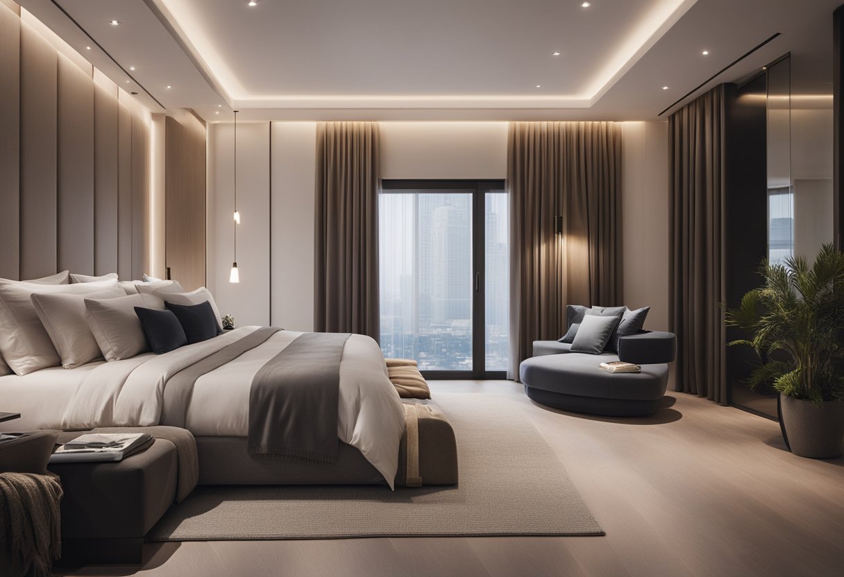 A modern bedroom with a sleek TV mounted on the wall, surrounded by minimalist decor and soft lighting