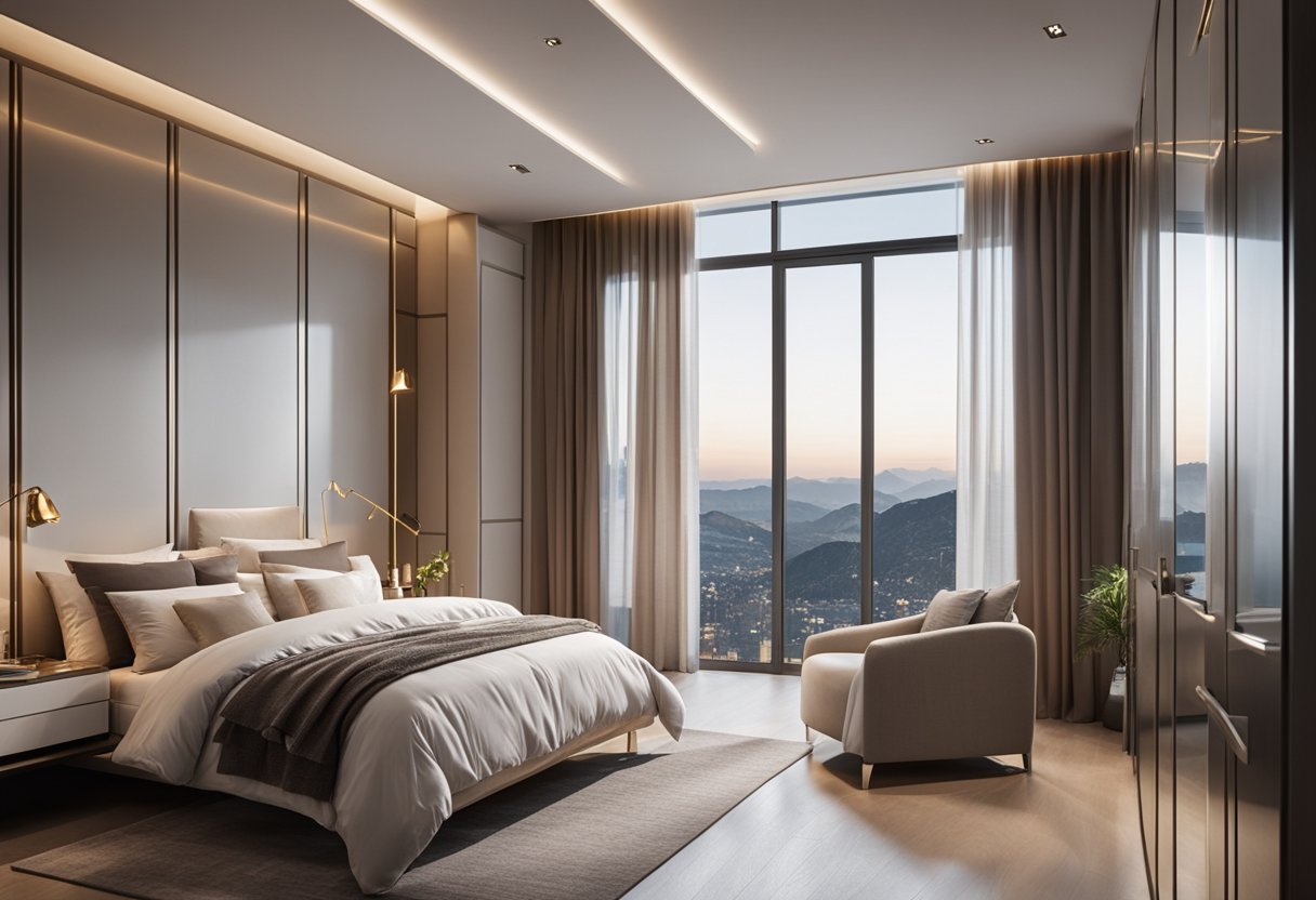 A spacious bedroom with a sleek wardrobe featuring mirrored doors, reflecting the soft glow of the room's lighting