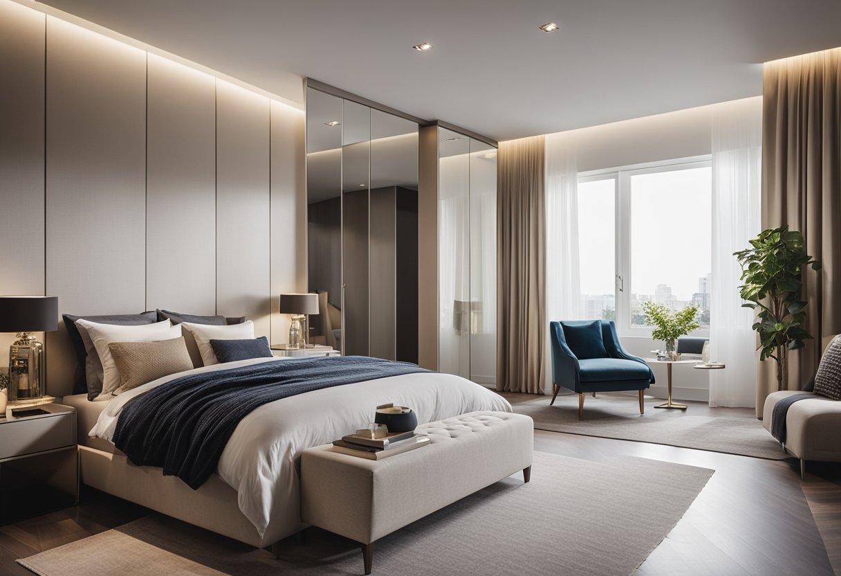 A spacious bedroom with a sleek, modern wardrobe featuring mirrored doors. The room is well-lit, and the wardrobe is the focal point of the space