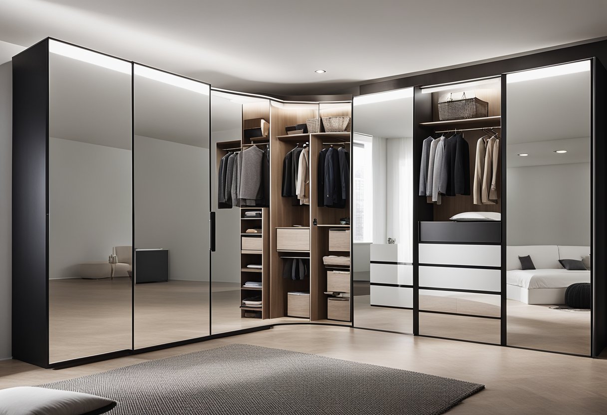 A sleek, modern bedroom wardrobe with mirrored doors, featuring customizable shelves and drawers for personal style