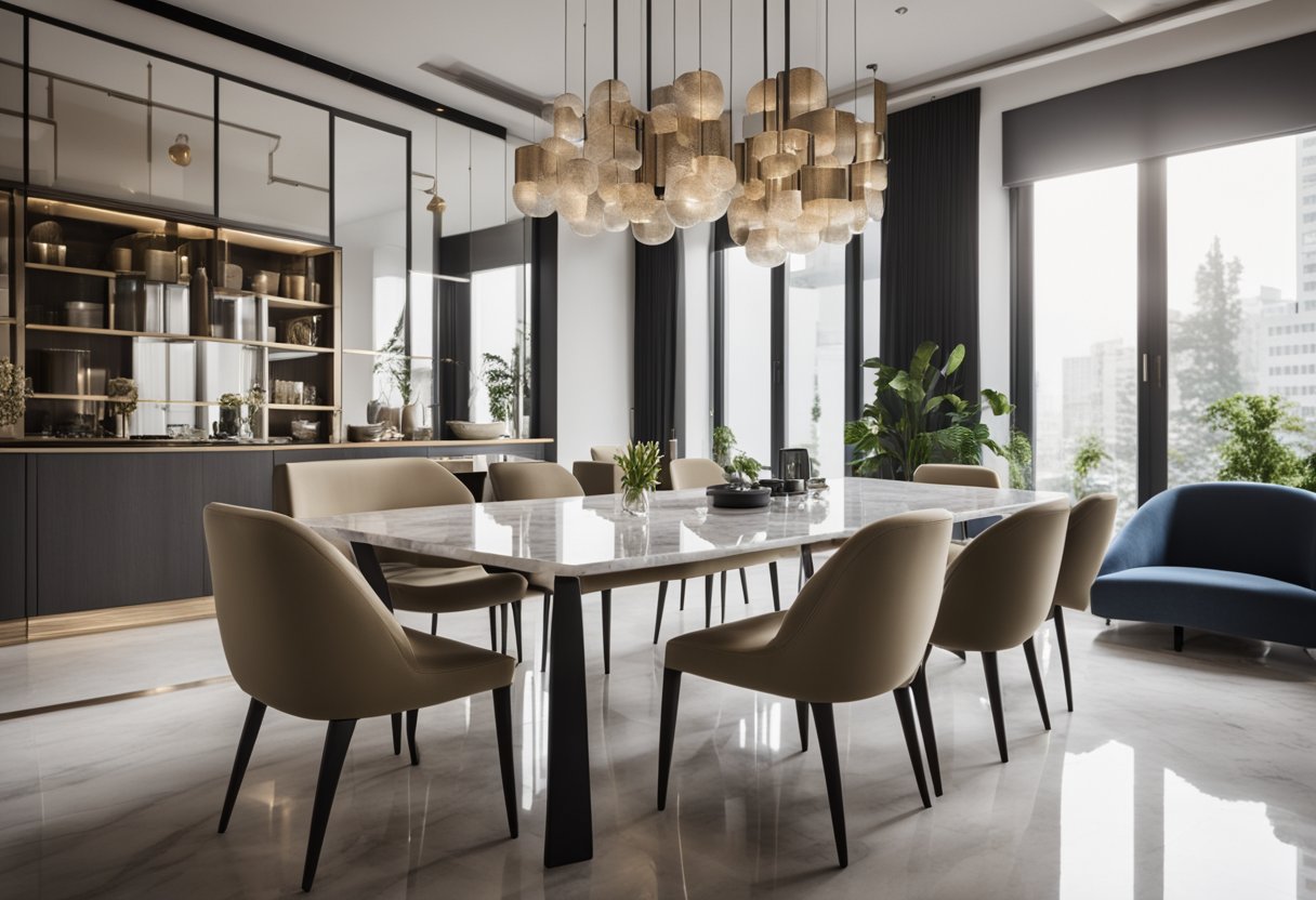 A marble dining table stands in a well-lit room, surrounded by modern chairs. The table's smooth surface reflects the ambient light, creating a sense of elegance and luxury