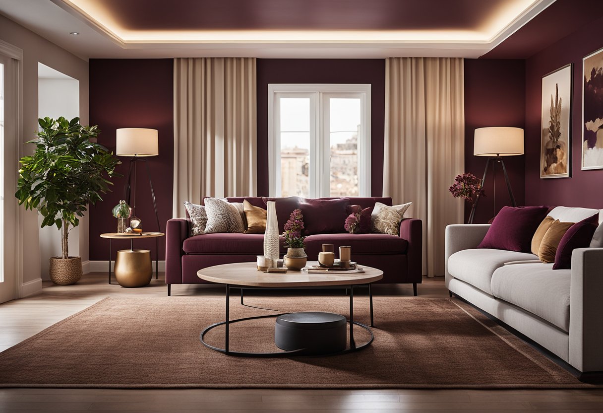 A cozy living room with warm earth tones, featuring a statement wall painted in Nippon Paint's rich shade of burgundy, complemented by neutral furniture and pops of color in the decor