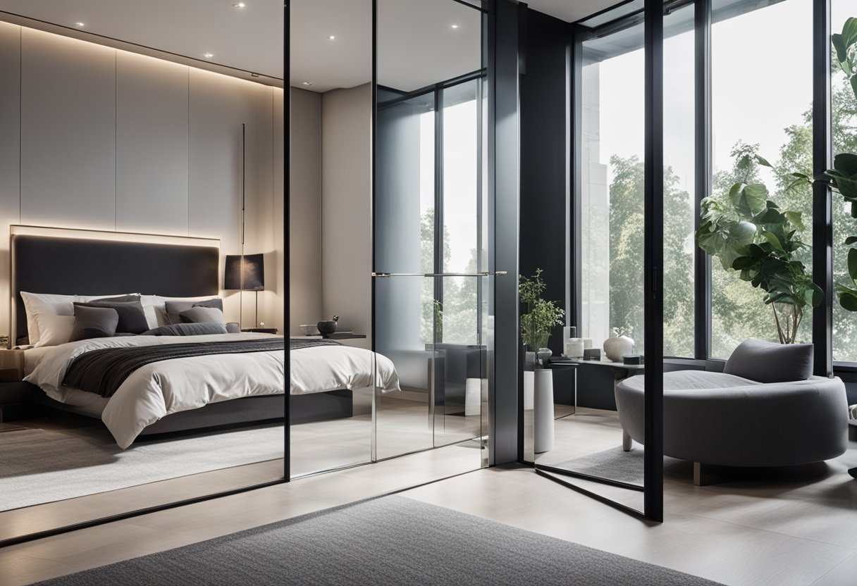 A modern bedroom with a sleek, mirrored wardrobe. Clean lines and minimalist design. Light streams in through the window, casting a soft glow on the reflective surface