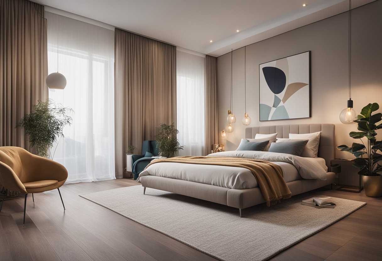 A spacious bedroom with a large, comfortable bed, soft lighting, and cozy decor. A stylish rug and a peaceful color scheme complete the dreamy atmosphere