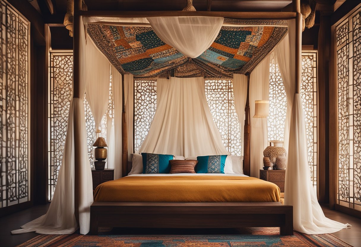 A cozy bedroom with a canopy bed, intricate Moroccan lamps, Japanese shoji screens, and colorful Indian textiles