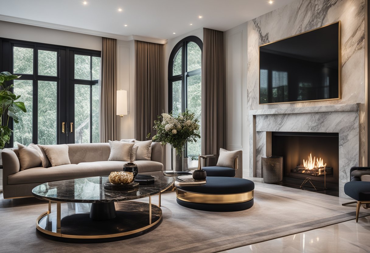 A luxurious living room with a sleek marble coffee table, elegant marble side tables, and a stunning marble fireplace, showcasing the timeless beauty and durability of marble furniture