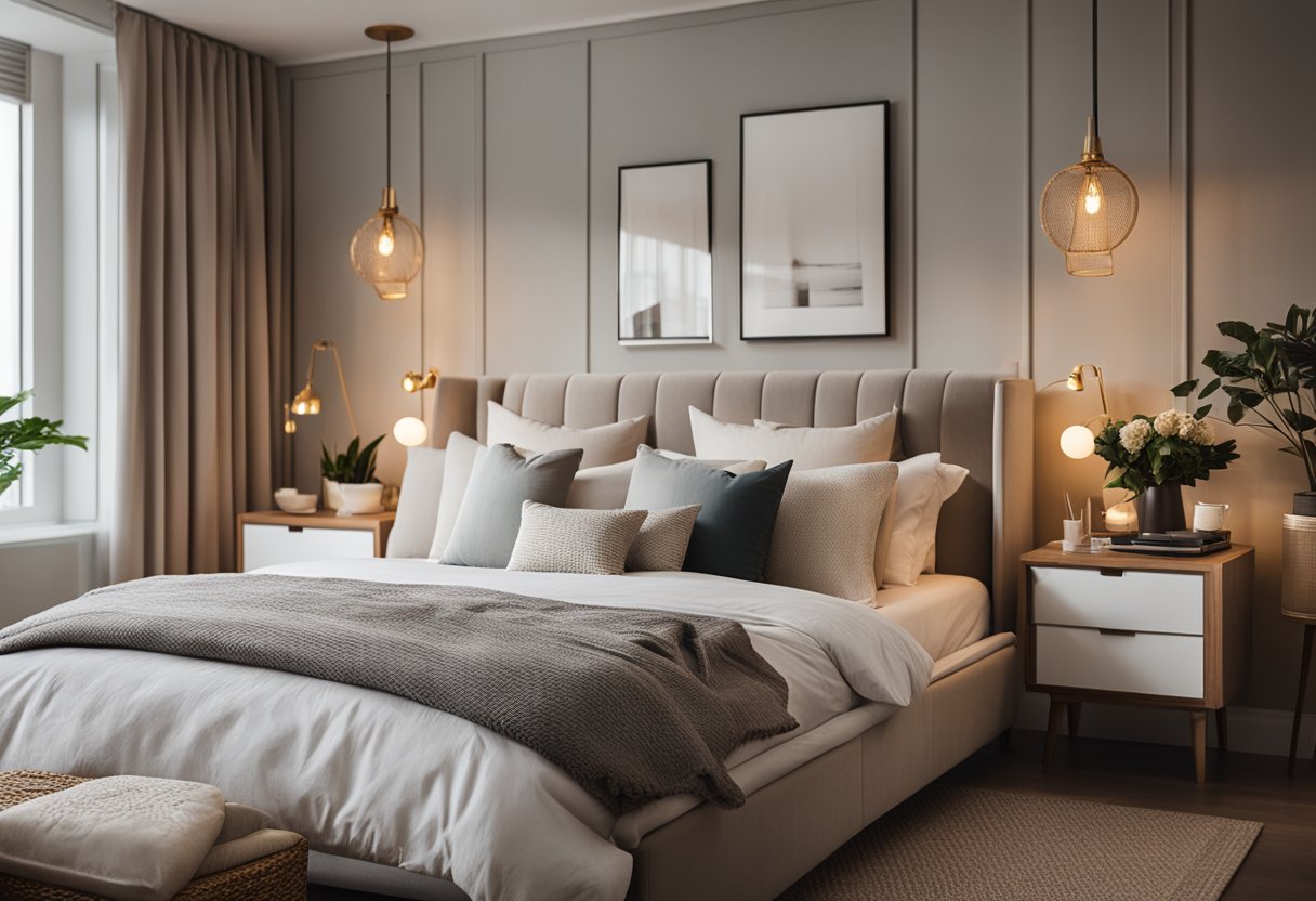 A cozy bedroom with modern furniture, soft lighting, and a neutral color palette. A large, comfortable bed is the focal point, surrounded by stylish decor and functional storage solutions