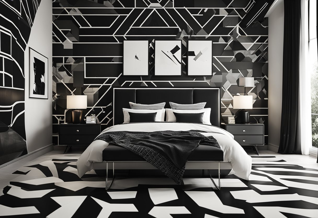 A monochrome bedroom with bold patterns, sleek furniture, and geometric shapes. The room is illuminated by natural light, casting dramatic shadows