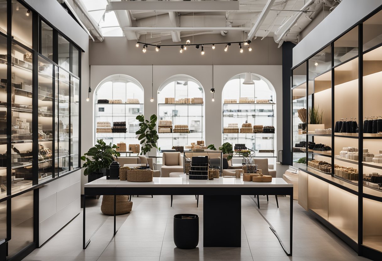 The shop interior features a modern, minimalist design with sleek furniture, clean lines, and a neutral color palette. Large windows flood the space with natural light, highlighting the carefully curated displays of products