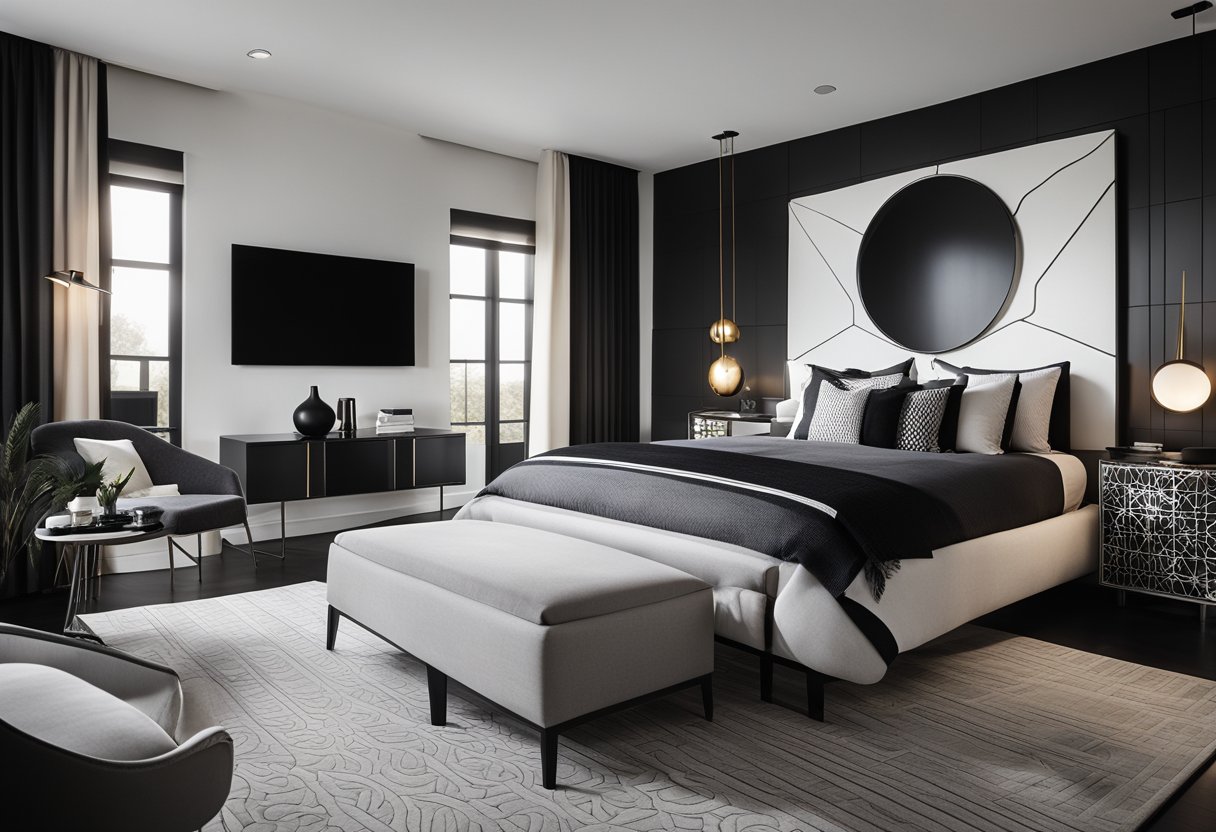 A sleek, modern bedroom with black and white color scheme. Minimalist furniture, geometric patterns, and contrasting textures create a sophisticated atmosphere