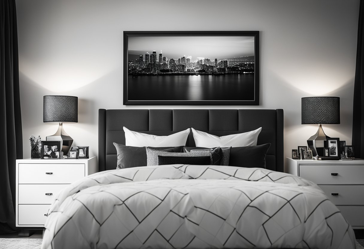 A black and white bedroom with decorative pillows, monochrome artwork, and personalized photo frames on the dresser