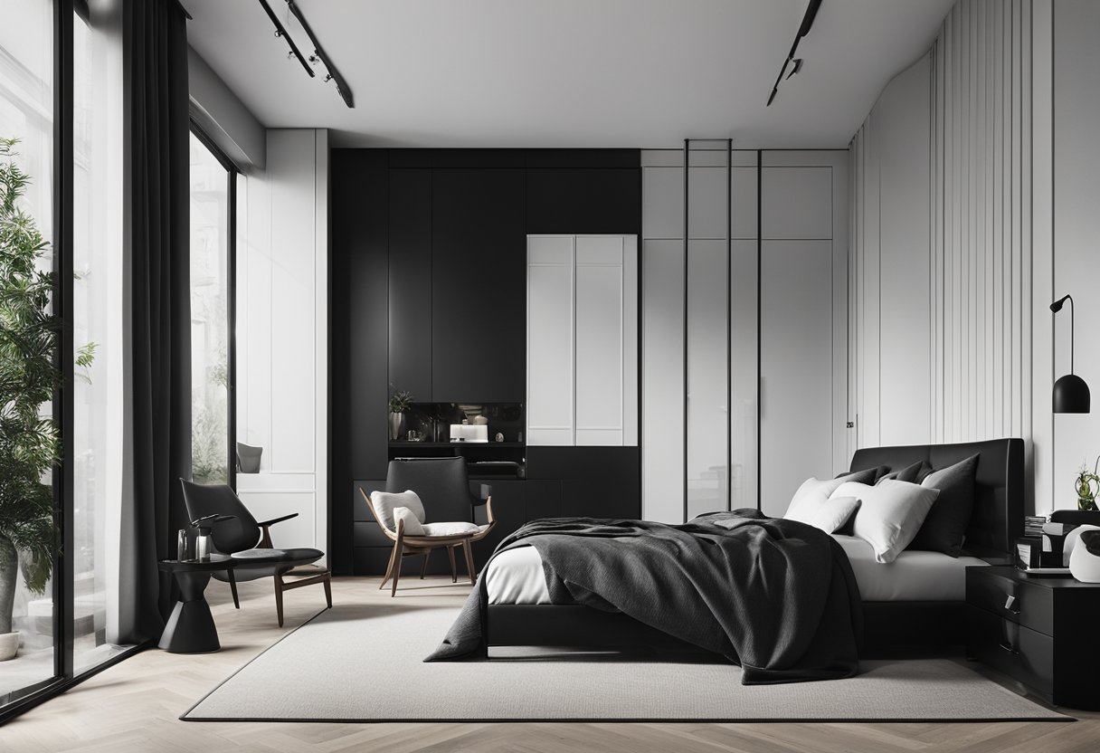 A cozy bedroom with modern black and white interior design, featuring a minimalist bed, sleek furniture, and clean lines