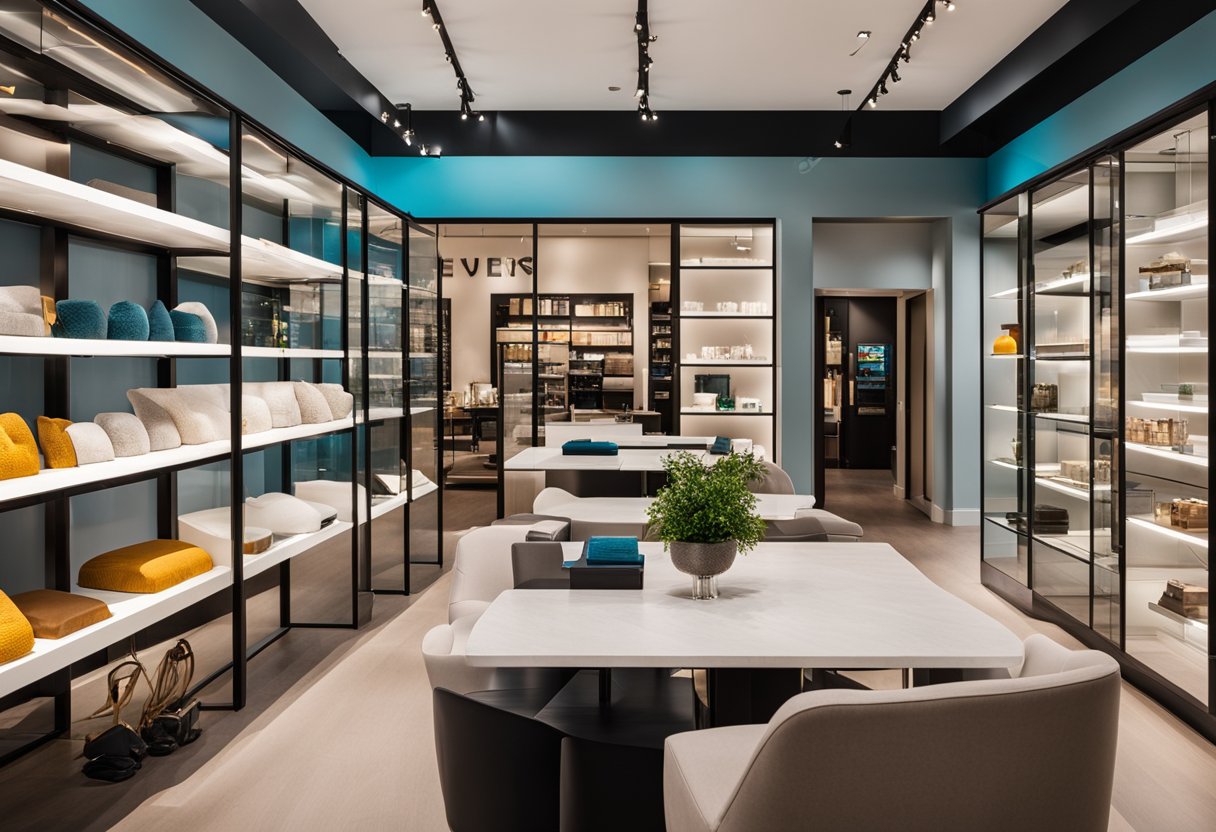 The shop interior features sleek, modern furniture and fixtures, with bold pops of color and innovative displays to create an inviting and dynamic retail space