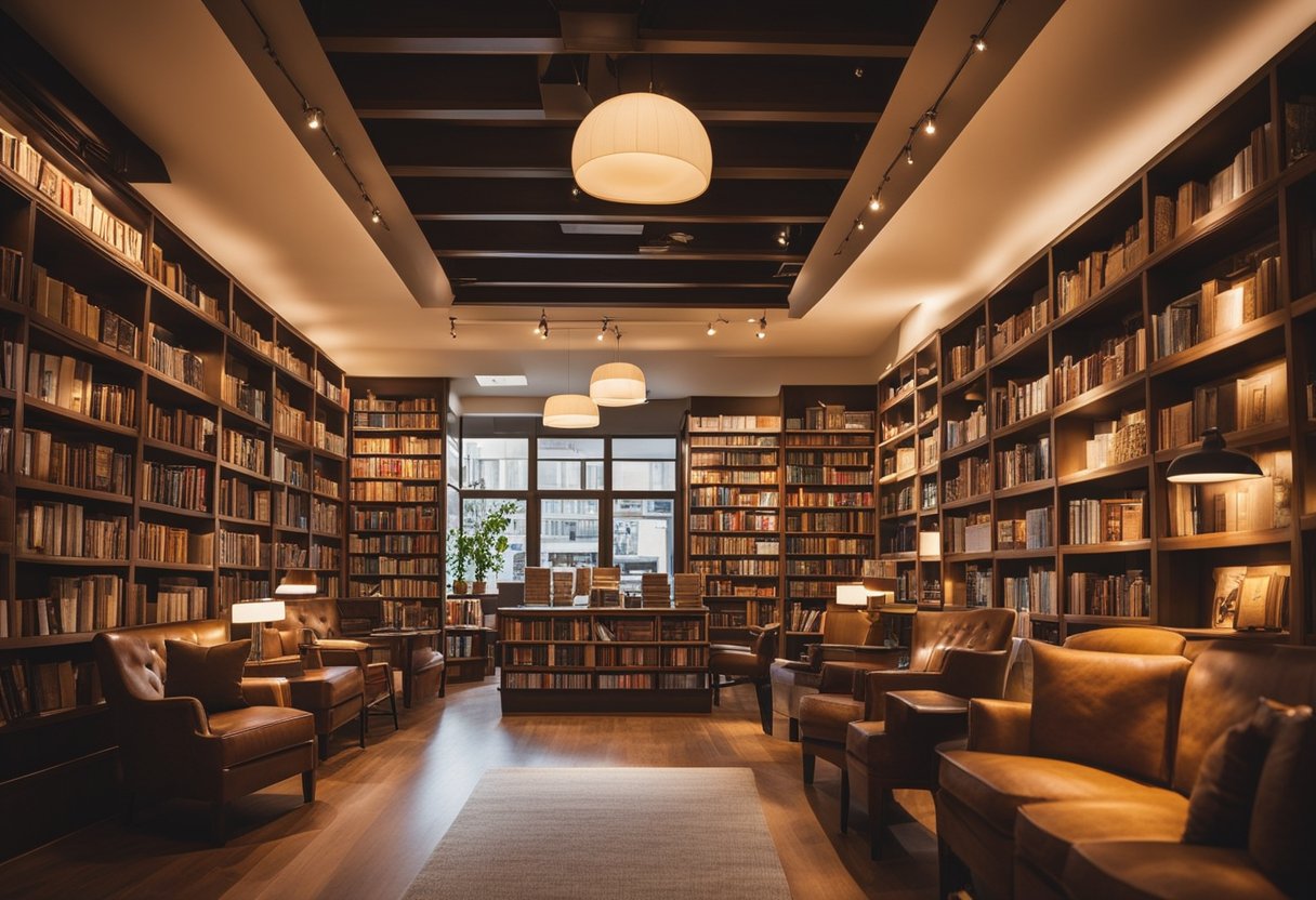 A cozy bookstore with warm lighting, wooden shelves, and comfortable seating areas. A large mural of books and literary quotes adorns the wall, creating a welcoming and inspiring atmosphere