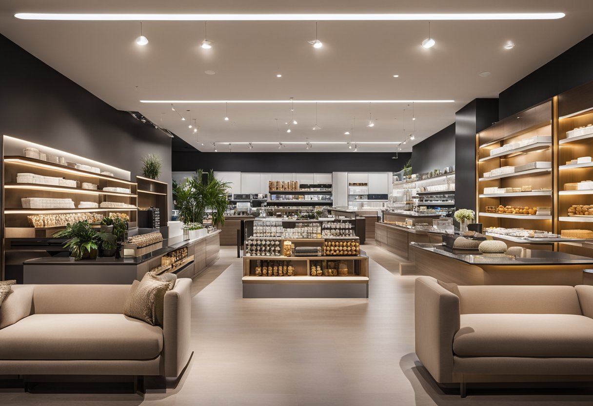 The shop interior features a clean, modern design with sleek shelving, bright lighting, and a welcoming seating area. The color scheme is neutral with pops of vibrant accents, creating a warm and inviting atmosphere