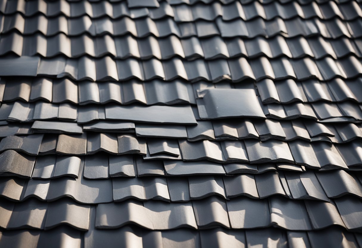 A slate roof being installed on a house, showing different types of slate tiles and a demonstration of its waterproof properties