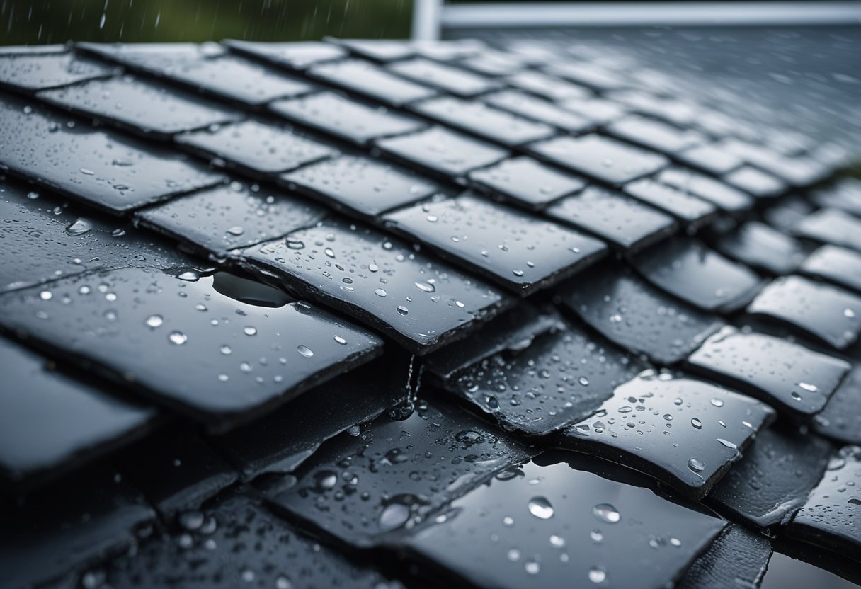 A slate roof glistens in the rain, water cascading off its smooth surface. Nearby, a cost comparison chart shows slate's waterproof benefits