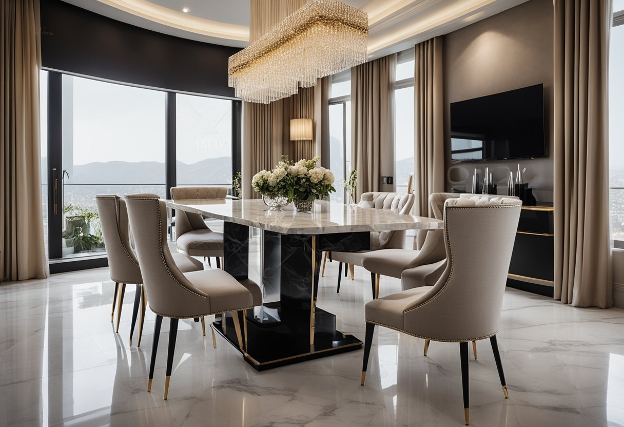 A marble dining table sits in a spacious, well-lit room with elegant decor. The table is surrounded by modern chairs, and a chandelier hangs above, casting a warm glow on the luxurious surface