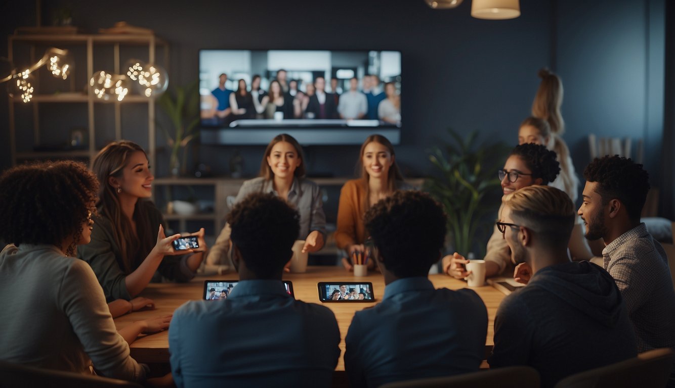 A diverse group of people gather around a screen, watching and interacting with engaging videos on YouTube. The atmosphere is lively and inclusive, with everyone participating and connecting with each other