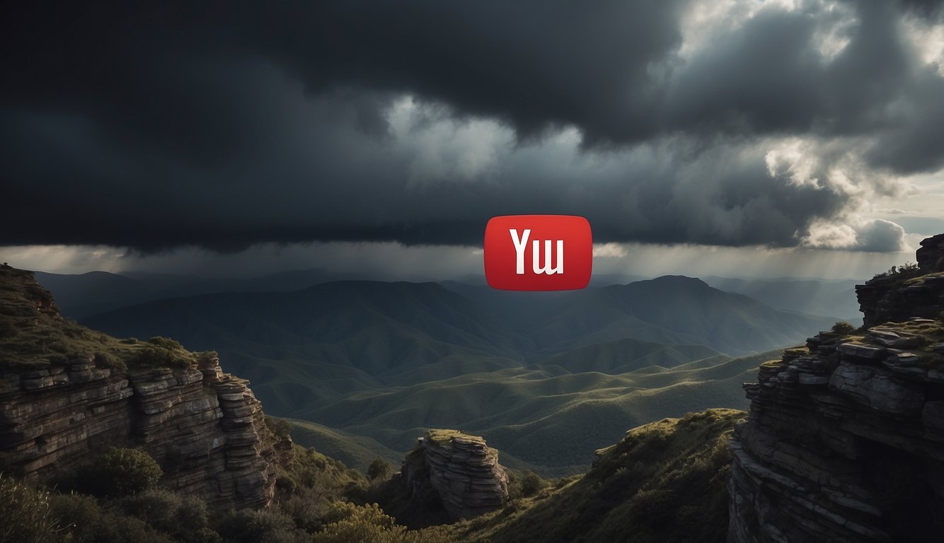 A YouTube logo perched precariously on a cliff edge, surrounded by swirling winds and dark storm clouds