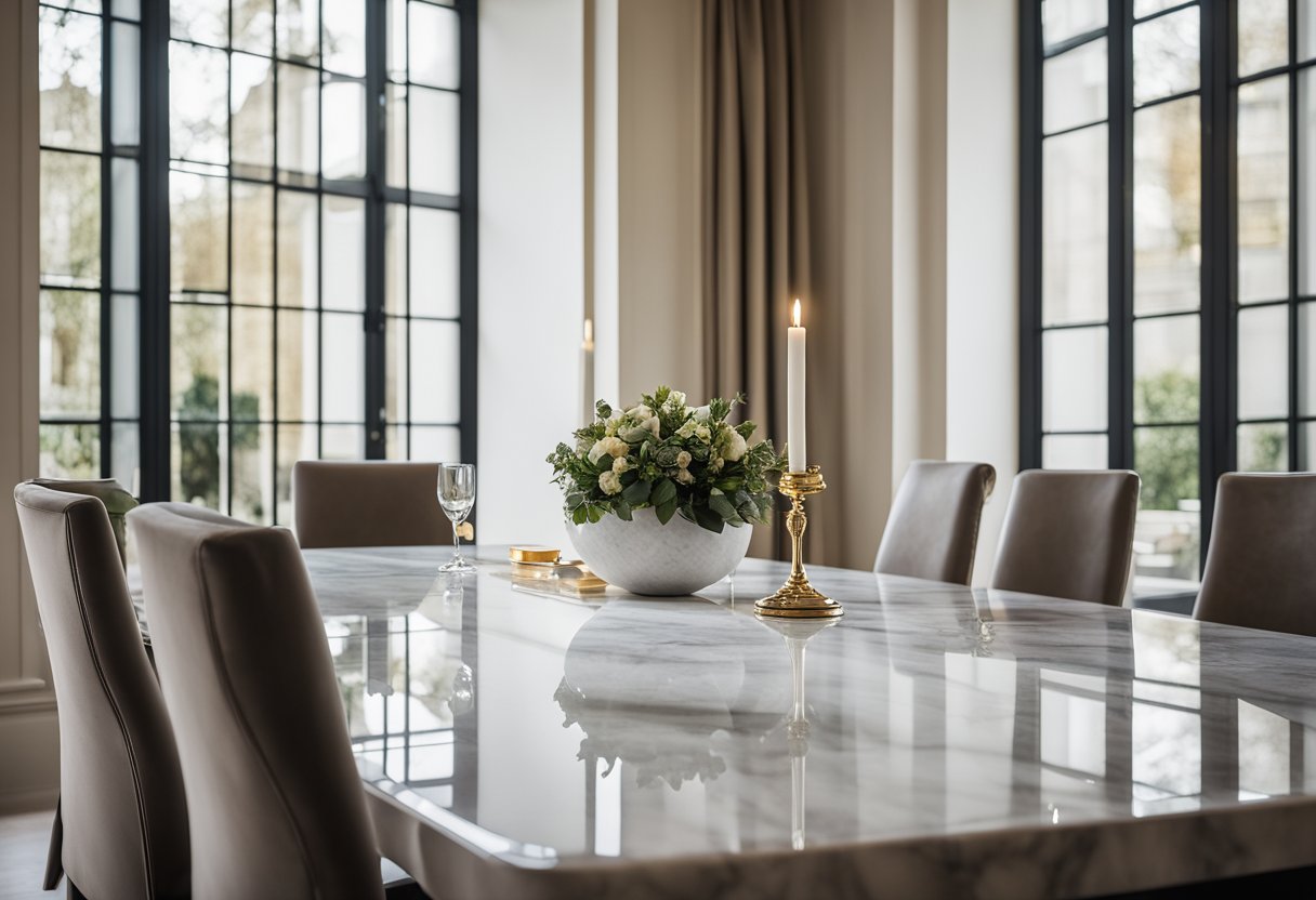 A luxurious marble dining table stands in a bright, spacious room in Cambridge. The table is sleek and modern, with a polished surface and elegant, curved legs