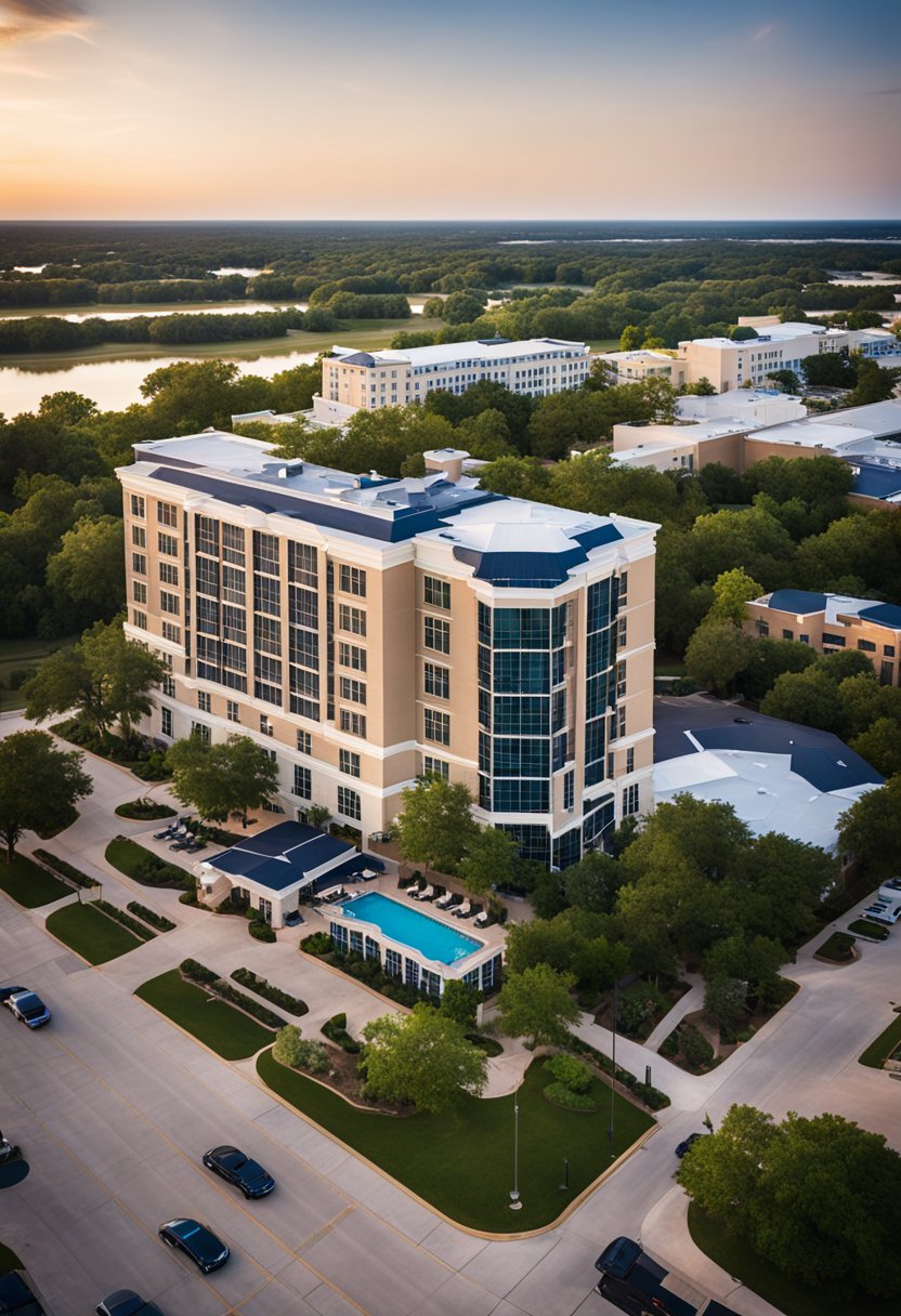 Aerial view of Hotel Indigo Waco - Baylor luxury suites with panoramic views in Waco
