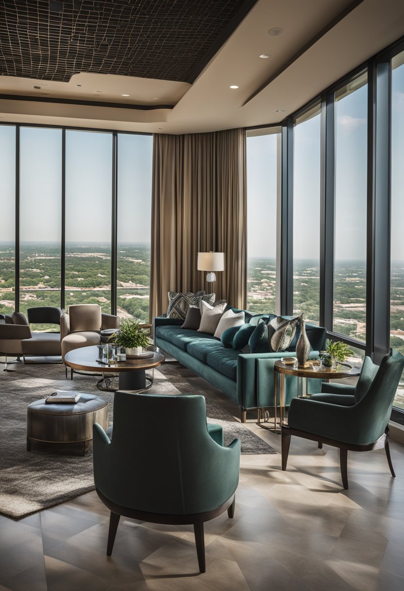 A lavish suite with floor-to-ceiling windows overlooking Waco's skyline and lush surroundings