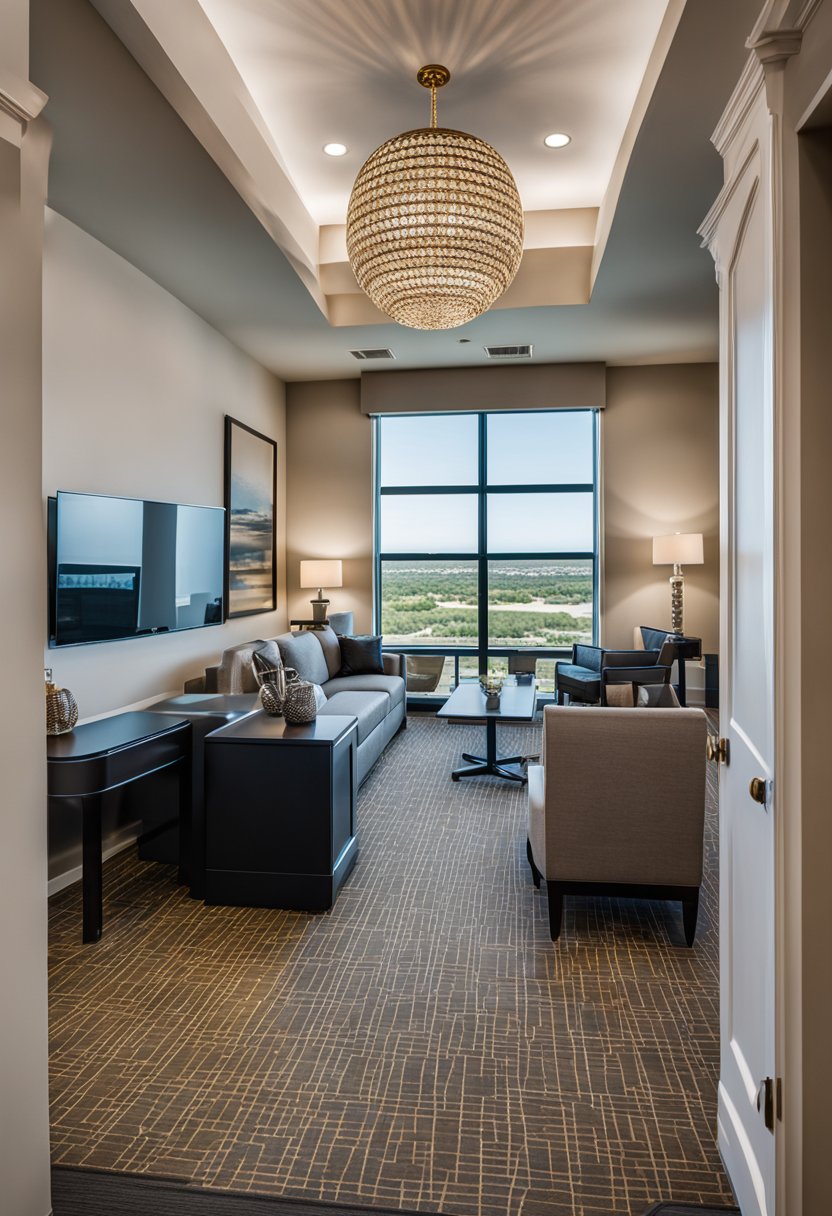 A panoramic view of luxury suites in Waco, Texas, showcasing the various amenities and elegant decor options available for guests to choose from