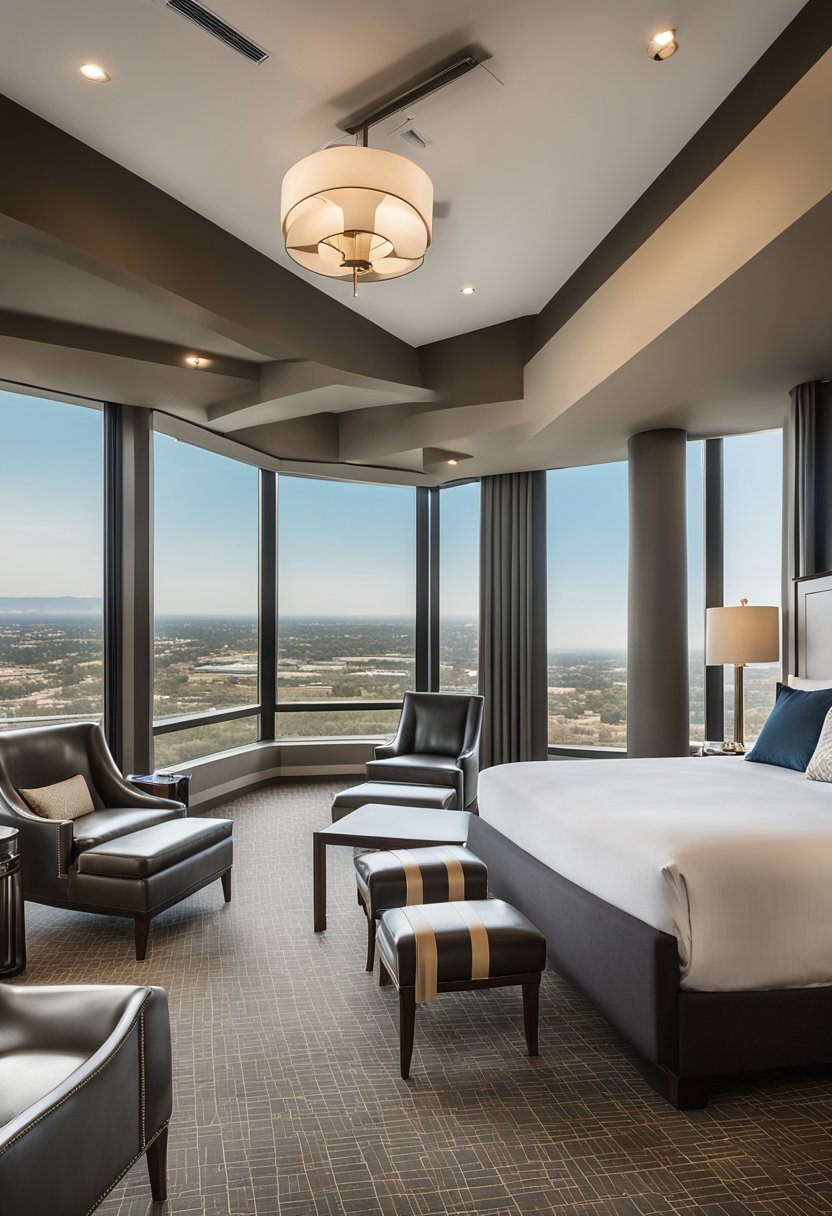 A spacious suite with floor-to-ceiling windows offering panoramic views of the cityscape and surrounding landscape