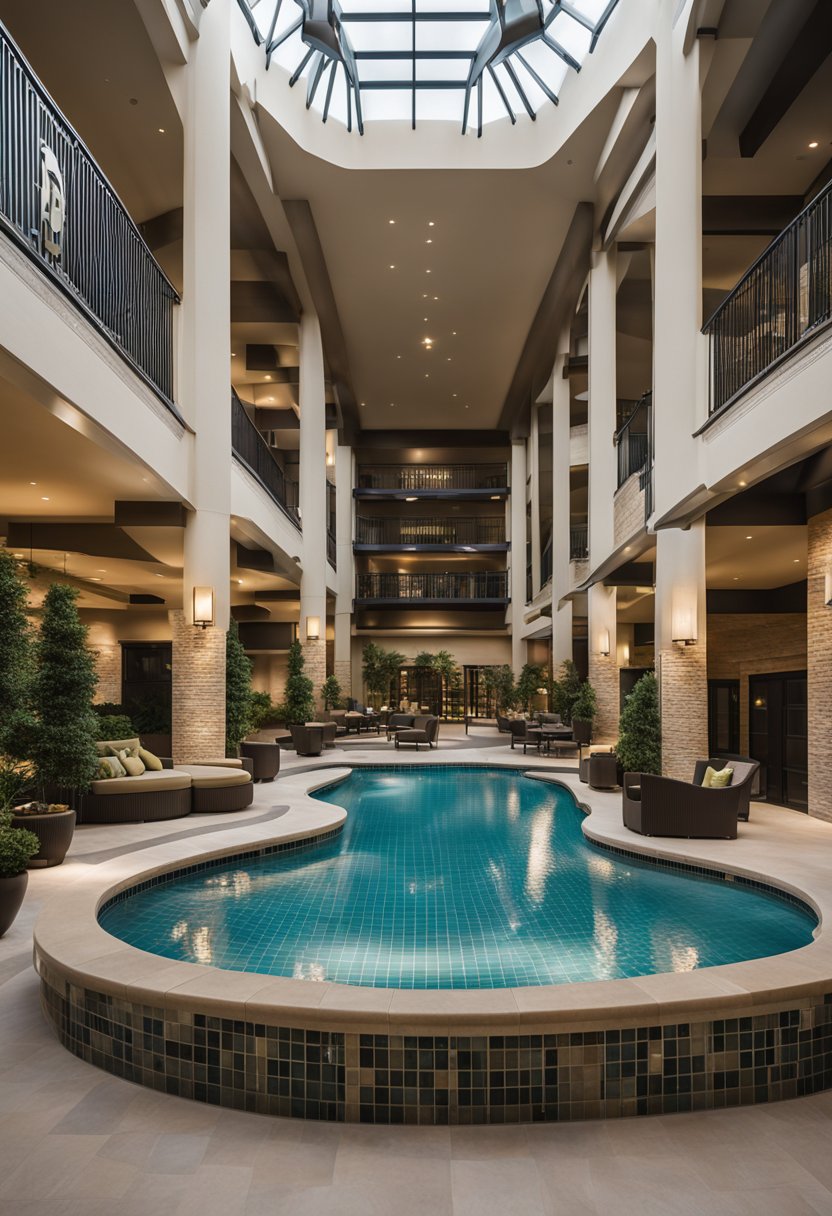 The Hilton Waco hotel, with its modern architecture and lush landscaping, features a spacious spa and wellness center, inviting guests to relax and rejuvenate