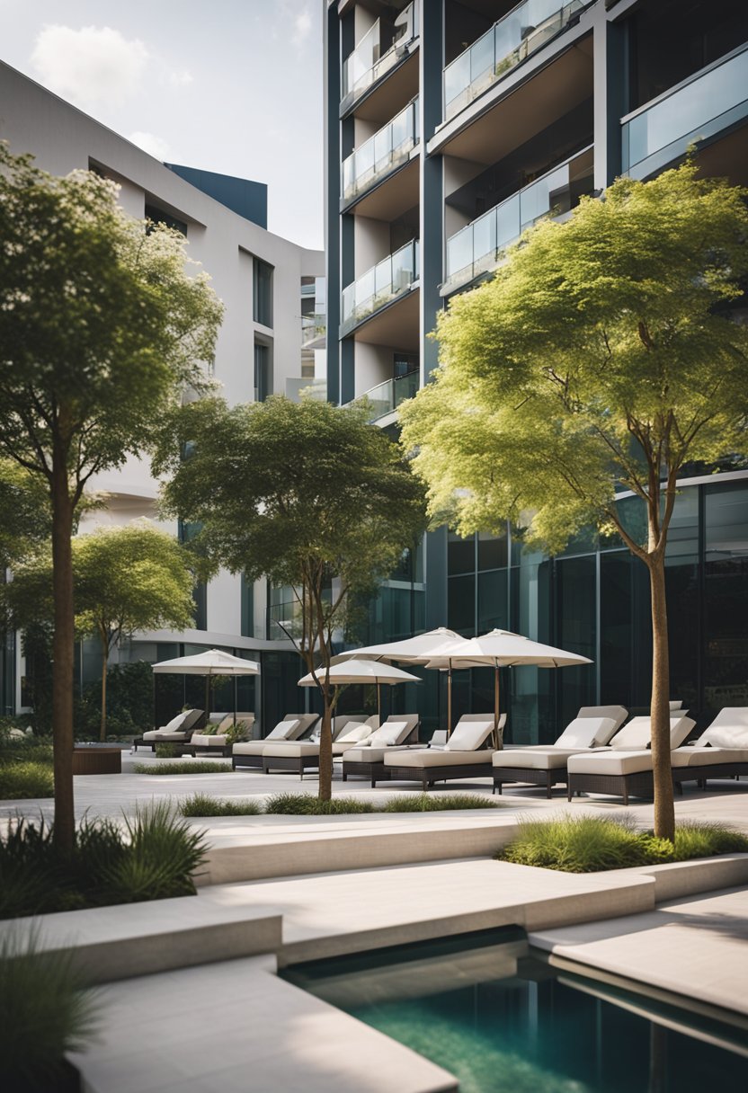 A serene courtyard with a modern hotel building in the background. Lush landscaping and a tranquil spa area with wellness amenities