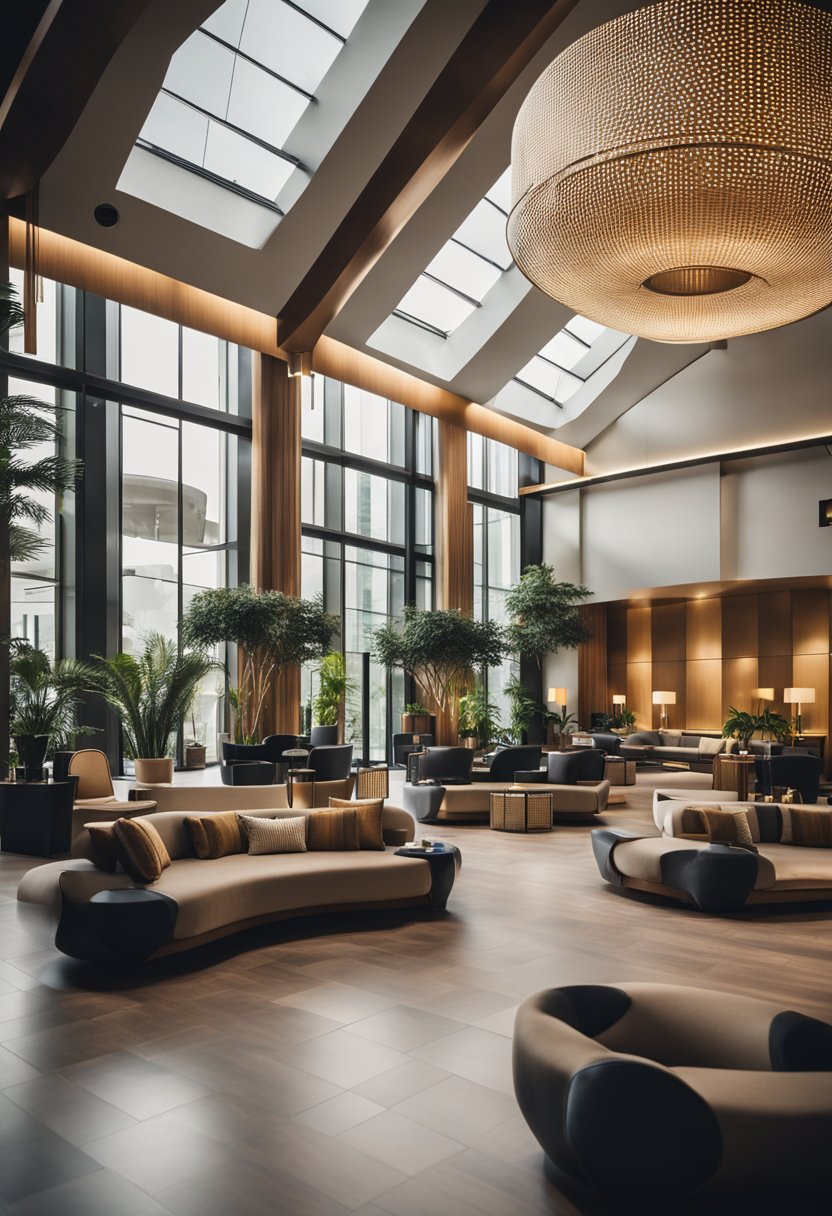 A tranquil hotel lobby with modern decor and a soothing spa area. 