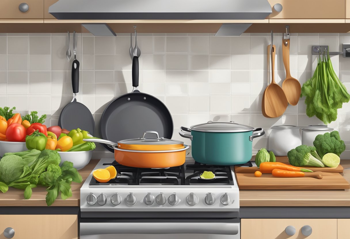 A kitchen scene with non-toxic cookware on a stove, surrounded by fresh vegetables and a clean, organized countertop