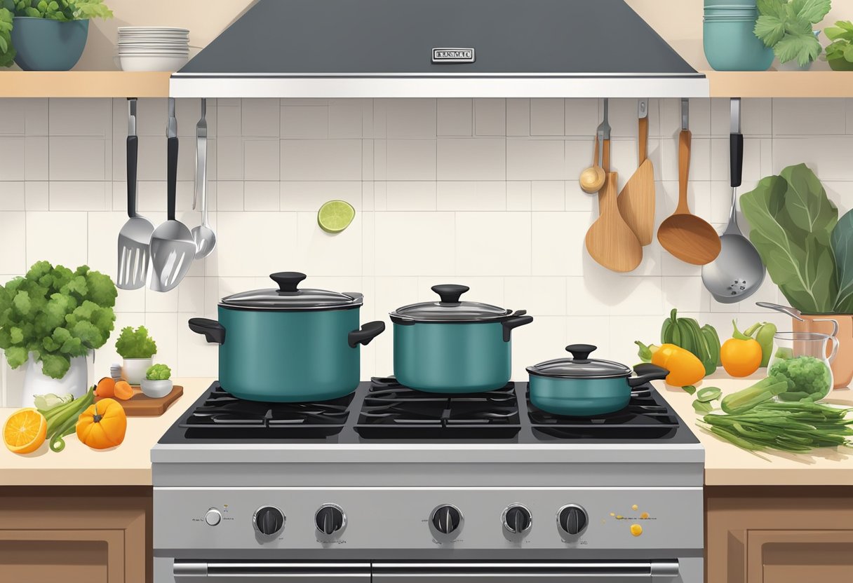 A kitchen scene with non-toxic cookware on a stove, surrounded by fresh ingredients and a clean, organized countertop