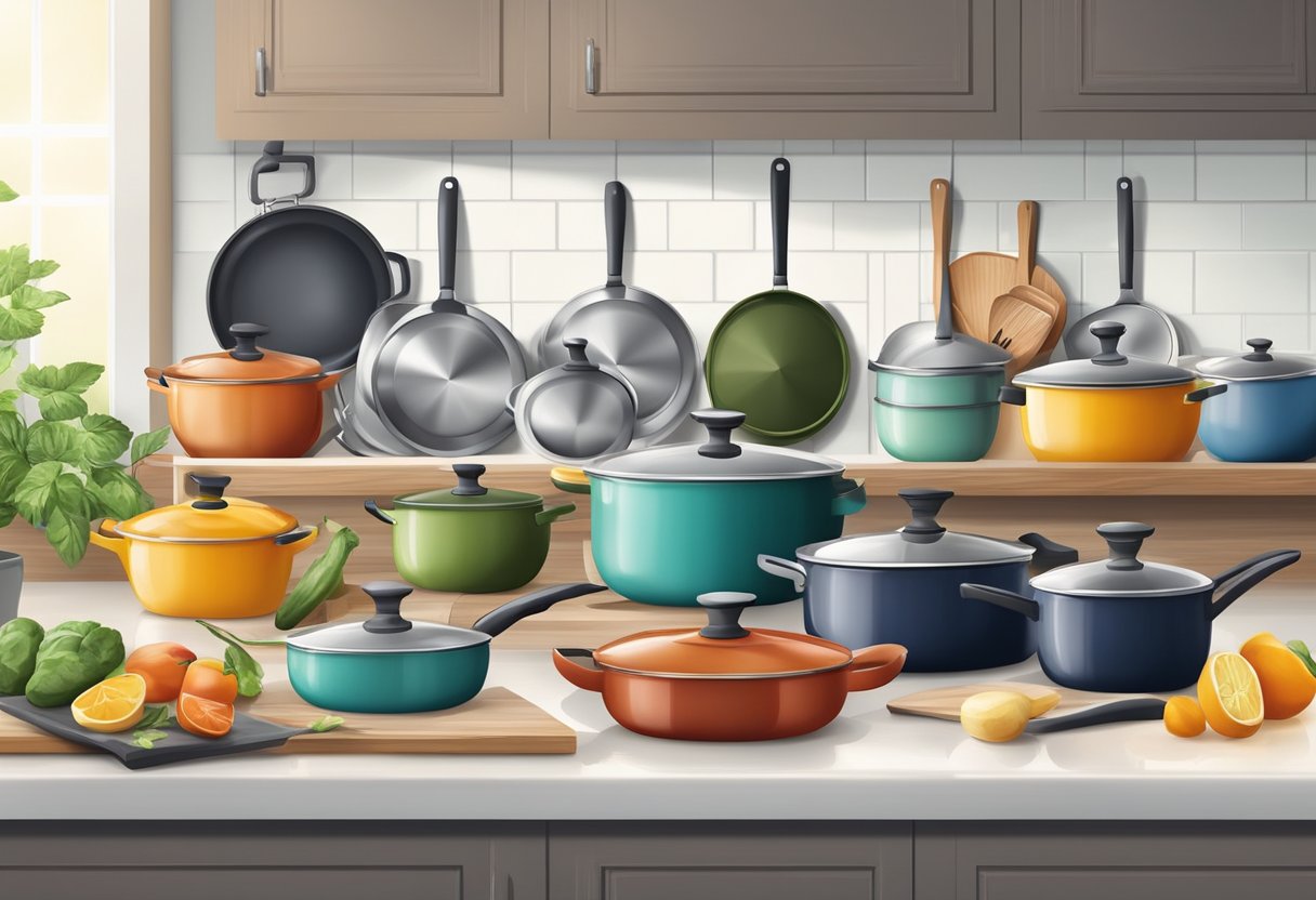 A kitchen scene with various non-toxic cookware such as ceramic, stainless steel, and cast iron pots and pans arranged neatly on a countertop