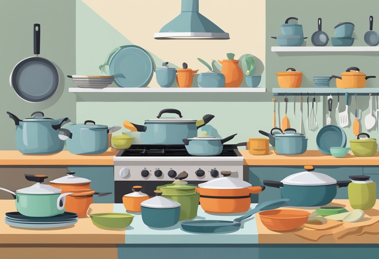 A kitchen scene with a variety of non-toxic cookware brands displayed on a countertop, including pots, pans, and utensils