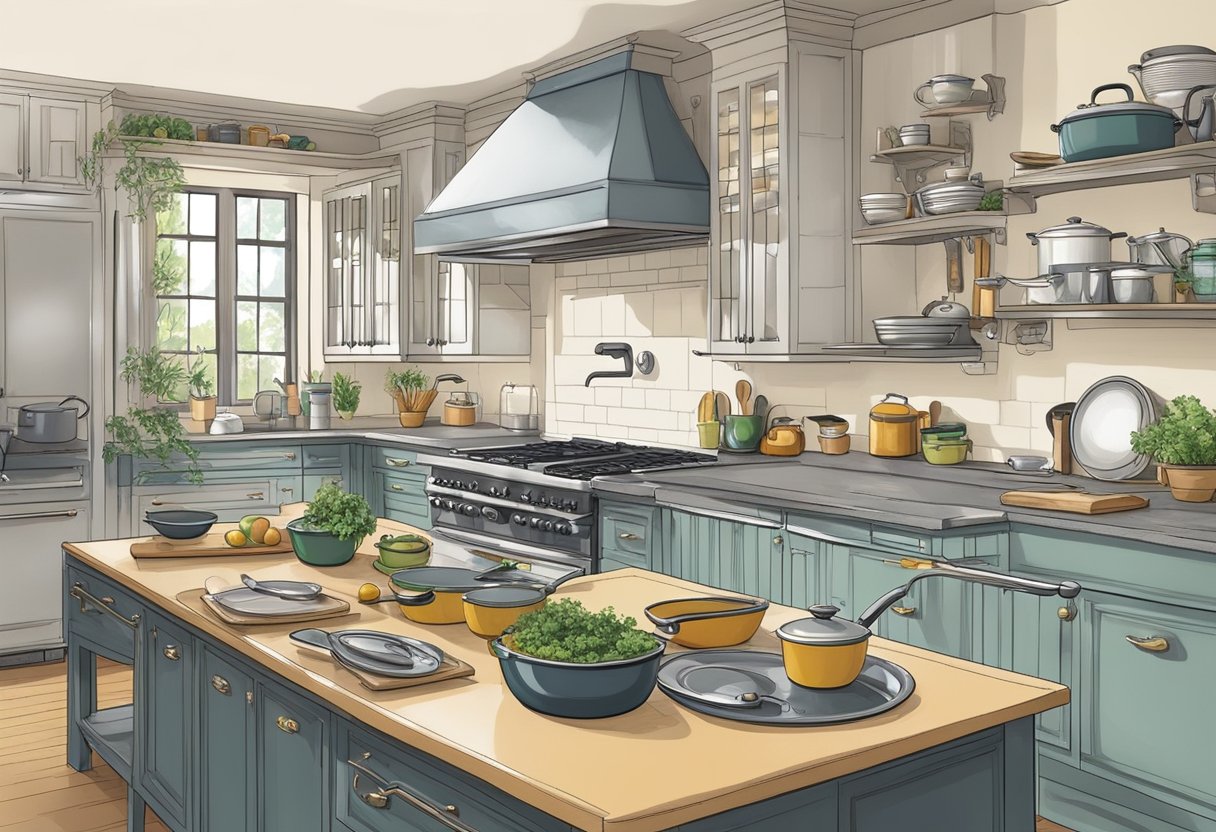 A kitchen scene with non-toxic cookware displayed, highlighting features such as ceramic, stainless steel, and cast iron materials