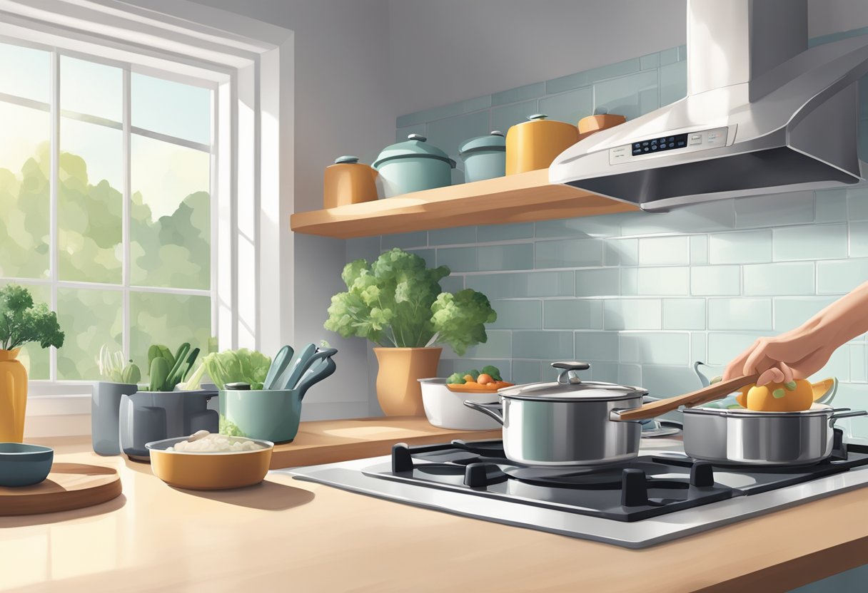 A hand reaching for non-toxic cookware in a clean, organized kitchen with natural light streaming in through the window