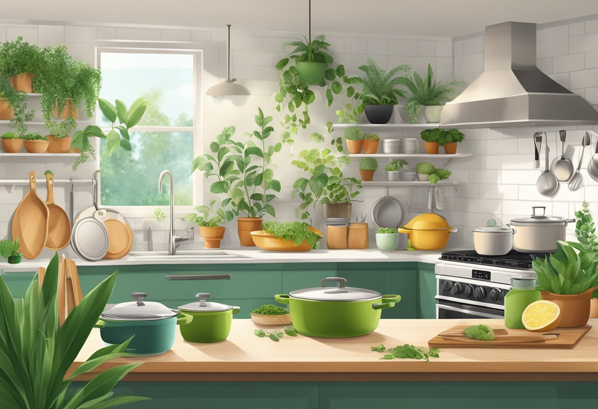 A kitchen scene with eco-friendly non-toxic cookware, surrounded by plants and natural elements